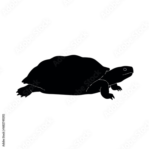 A slow turtle is depicted in a minimalist 2D flat vector illustration, retracting its head into its shell as a stark black silhouette on a clean white background.