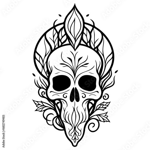 Ornate skull illustration showcases a striking design blending gothic aesthetics with organic
