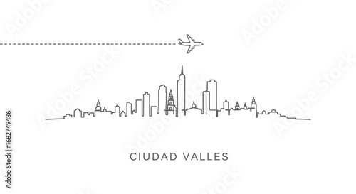 Ciudad Valles Skyline with Airplane, and Line Art.