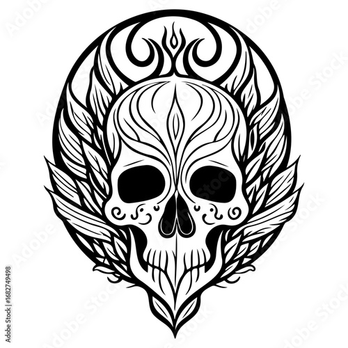 Ornate skull illustration with decorative flourishes, suggesting mortality and otherworldly realms