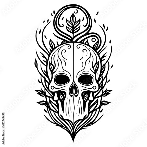 Ornate skull illustration with symmetrical vegetal flourishes evocative of mortality and ephemeral