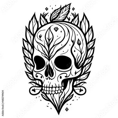 Ornate Skull with Botanical Motifs A Symbolic Representation of Mortality and Nature's Embrace
