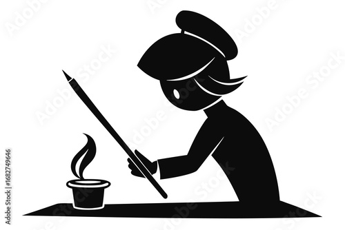 Girl silhouette holding stick near pot, drawing on white background design