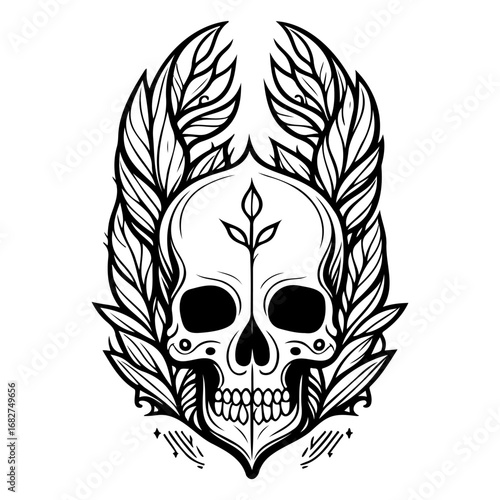 Ornate skull with botanical wings a black and white illustration a fusion of mortality and nature