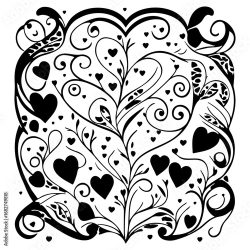 Ornate vector heart motif illustration with swirly flourishes and romantic symbolism in a