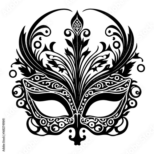 Ornate vector mask design with swirling floral elements creates a dramatic theatrical vintage feel