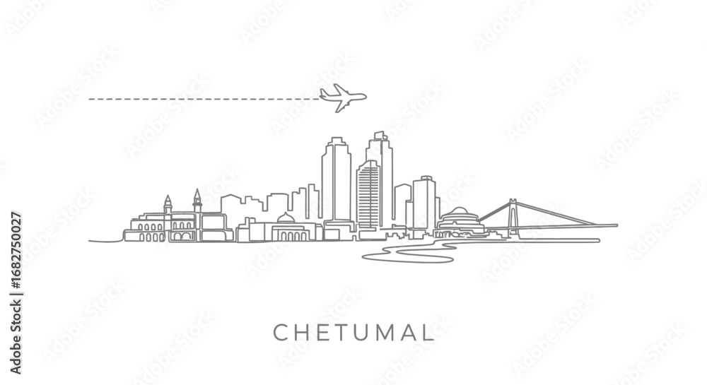 Obraz premium Chetumal Skyline Mexico with Plane, and Line Art.