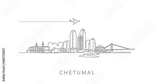 Chetumal Skyline Mexico with Plane, and Line Art.