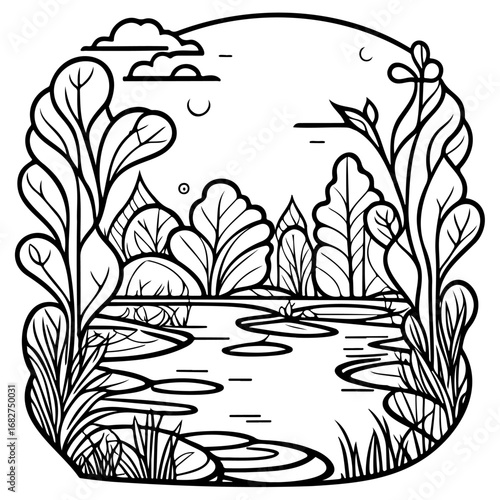 Peaceful waterside scene with lush foliage and serene lily pads in an artistic illustration