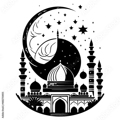 Ramadan silhouette with crescent moon and stars amidst mosque towers evoking peaceful nights and