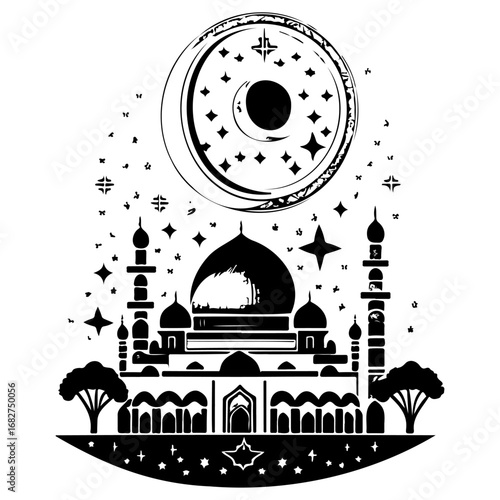 Ramadan nights crescent moon over a mosque silhouetted against starlit sky create a spiritual