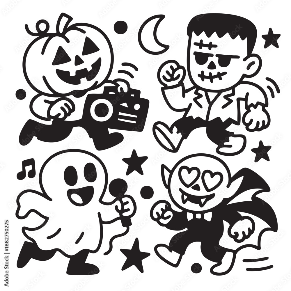 Fototapeta premium Coloring book page with transparency featuring pumpkin head ghost vampire and monster fun scene