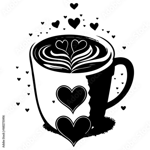 Romantic coffee cup with heart latte art, a sweet black and white celebration of love and warmth