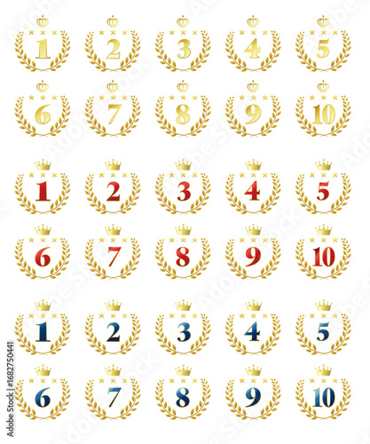 ランキングアイコンセット。金、赤、青の3種類のカラーと、1〜10までの数字。白背景にベクターイラスト。