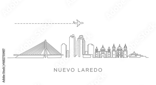 Nuevo Laredo skyline with airplane, and line art.
