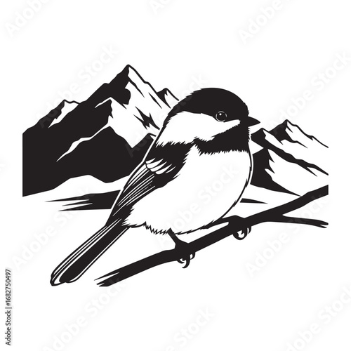 Black and white illustration of a chickadee perched on a branch with a mountain range in the background.
