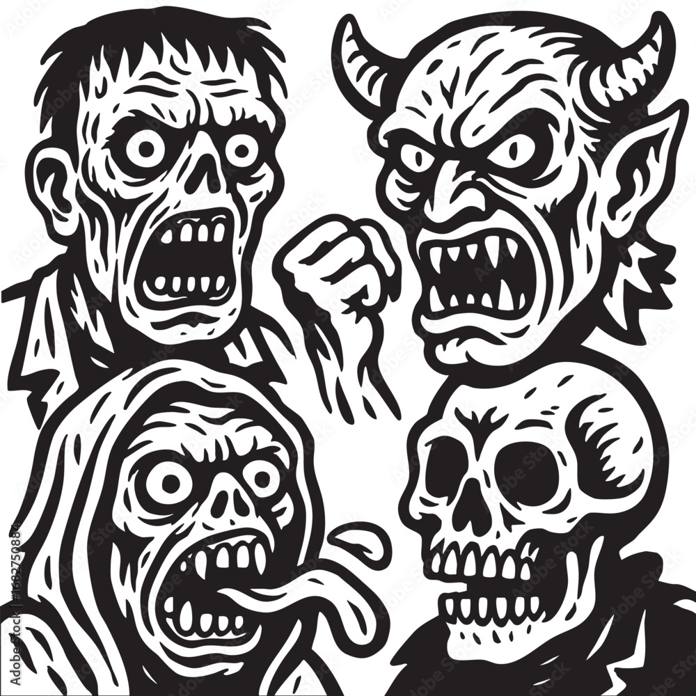Fototapeta premium Coloring book page featuring transparency with scary zombie demon skull monster faces