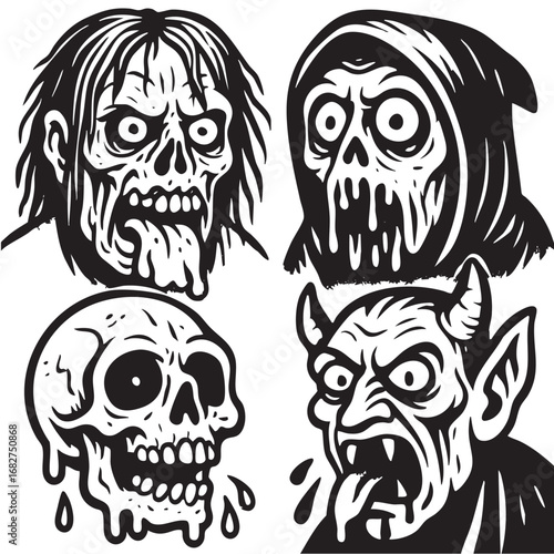 Zombie skull, hooded skeleton, dripping skull, and horned demon with expressive faces black