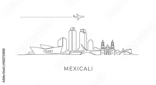 Mexicali Skyline with Minimalist Line Art, and Travel.