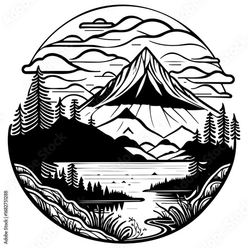 Serene alpine landscape illustration showcases a majestic mountain overlooking a pristine lake