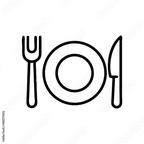 Fork and knife beside empty plate in minimal line art style  