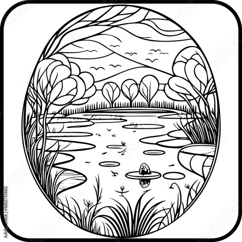 Serene lake scene artwork featuring minimalistic vector illustration and natural elements in