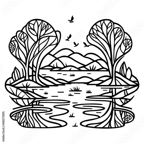 Serene lakeside landscape illustration featuring silhouetted trees birds hills and water