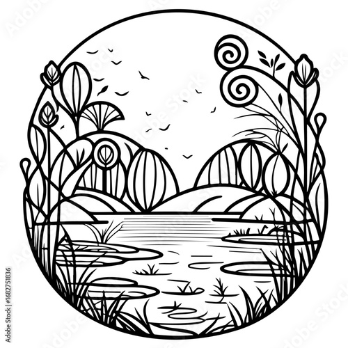 Serene lakeside landscape illustration featuring stylized flora and fauna within a circular frame