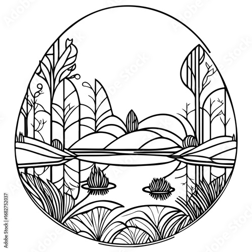 Serene lakeside scene encapsulated within an oval frame showcasing minimalistic trees hills and