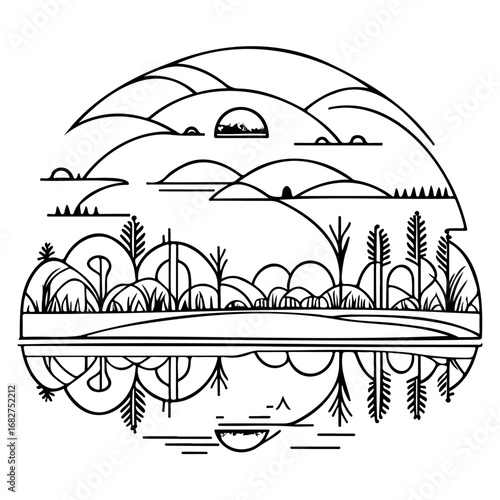 Serene landscape with hills reflected in water minimalistic line art design nature illustration