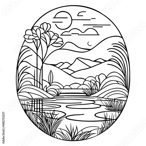 Serene landscape with reflective pond and stylized mountains in a peaceful minimalist line art
