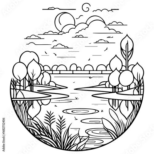 Serene monochrome illustration of a tranquil lakeside scene with reflective water and natural