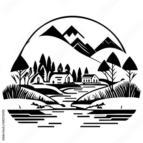 Serene monochrome landscape illustration showcasing a village nestled amidst towering mountains