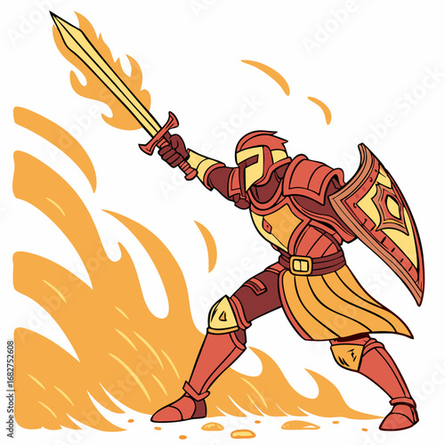 Dynamic Armored Knight in Red and Gold Wielding Flaming Sword and Ornate Shield.