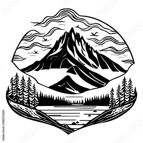 Serene monochrome mountain range vista vector illustration, captivating sky above scenic
