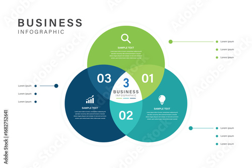 Modern Business Infographic with 3 Overlapping Circles Venn Diagram Style Vector Design