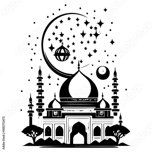 Serene mosque silhouette under a crescent moon and shimmering stars celebrating spiritual