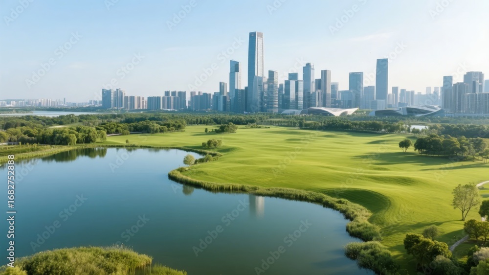 Fototapeta premium Urban Golf Course with Modern Skyscrapers in the Background