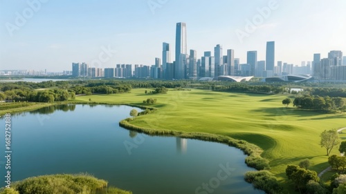 Urban Golf Course with Modern Skyscrapers in the Background