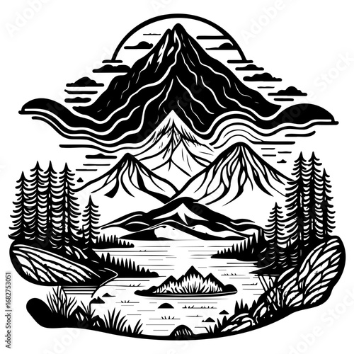 Serene mountain landscape design illustration of peaceful peaks reflected on a calm lake under a