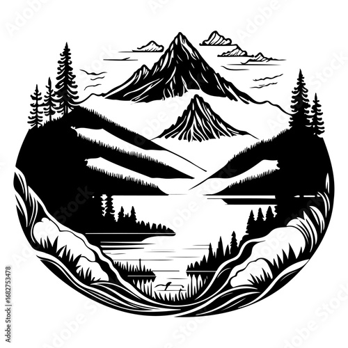 Serene mountain landscape with a tranquil lake a circle composition reflecting natural beauty for