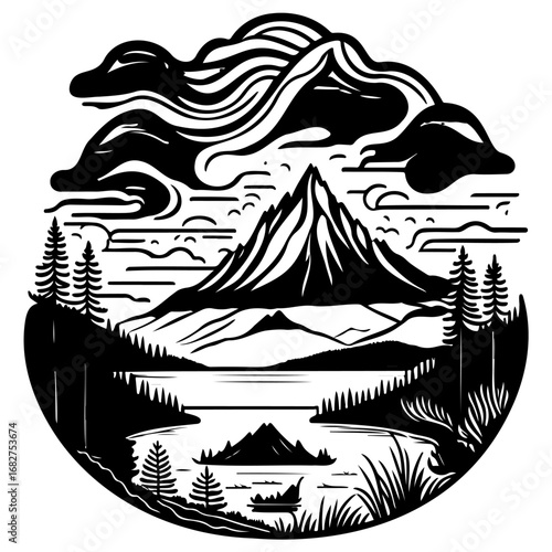 Serene mountainous landscape illustration with abstract clouds reflection on lake peaceful nature