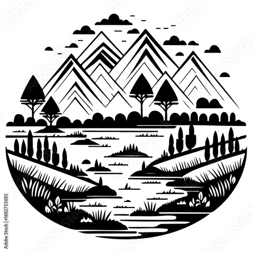 Serene mountains landscape view featuring stylized trees, river, and clouds in a minimalist design