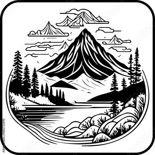Serene mountainscape reflecting in calm waters with stylized trees offering a tranquil vista