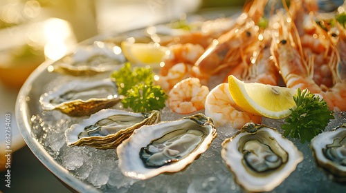 Luxury seafood buffet with fresh oysters on ice 