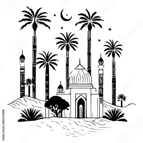 Serene oasis illustration featuring a unique mosque architecture nestled among tall palm trees