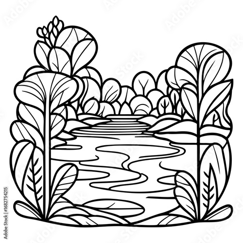 Serene riverside scene with stylized vegetation, a tranquil illustration showcasing nature's