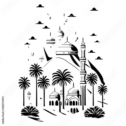 Serene silhouette rendering highlighting mosque architecture framed by palms and clouds depicting