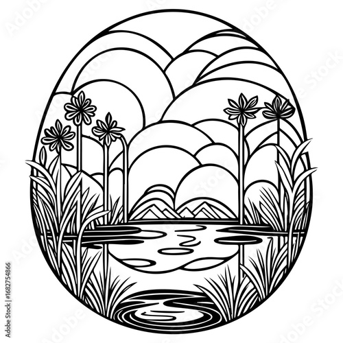Serene waterscape framed within oval shape features tall floral elements and stylized mountains in