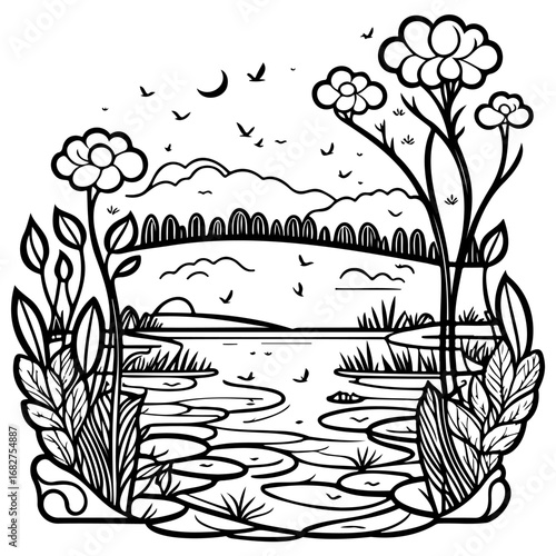 Serene waterscape illustration featuring aquatic foliage distant hills and gentle curves conveying